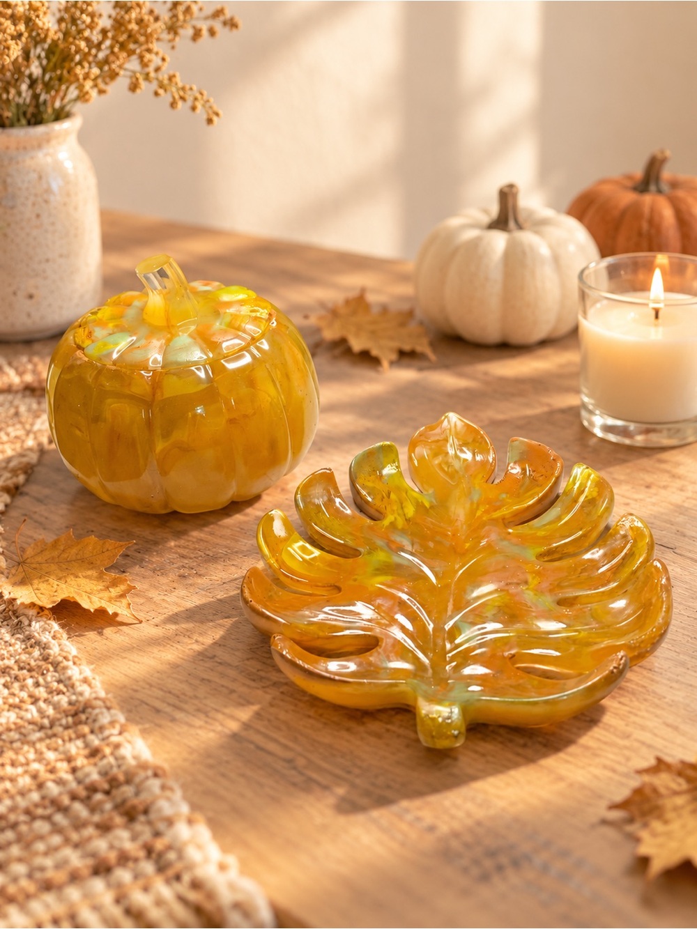 Amber Resin Pumpkin & Leaf Decorative Accent Set